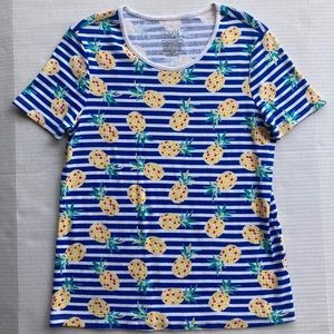 Lightweight blue t-shirt with white stripes and pineapple pattern 100% cotton
